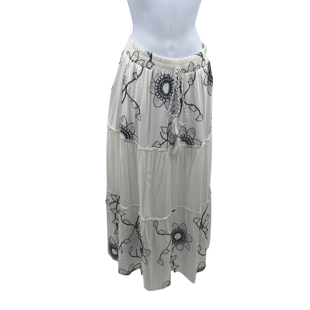 Mermaid Fashion Womens White Floral Embroidered Sequin Tiered Maxi Skirt Small